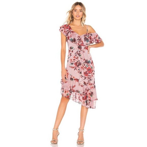Lovers + Friends Dresses & Skirts - Lovers + Friends Revolve Midi Dress Pink Stacy Floral Ruffle One Shoulder XXS